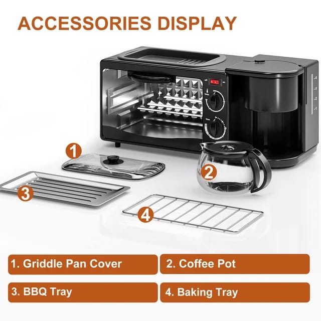 3-in-1 Breakfast Maker Station with Non-Stick Frying Pan Oven Coffee Machine