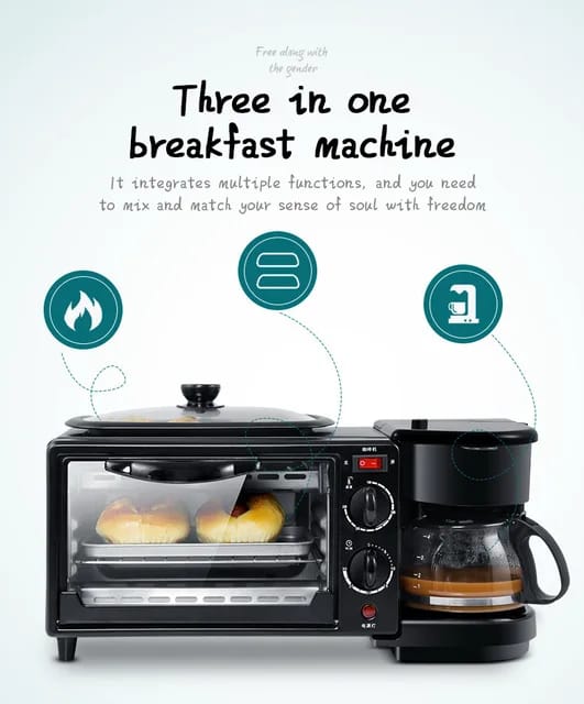 3-in-1 Breakfast Maker Station with Non-Stick Frying Pan Oven Coffee Machine