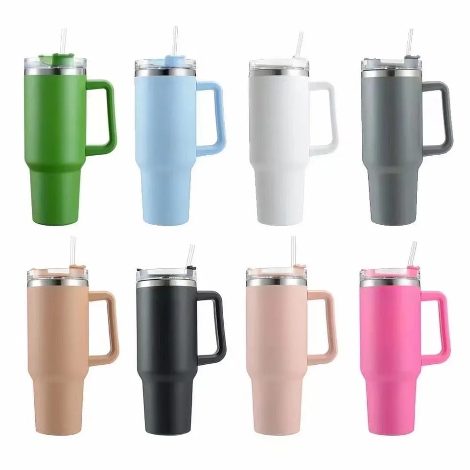 Stainless Steel Insulated Water Bottle with Handle, 40 oz, Vacuum Sealed Tumbler, Lid, Straw