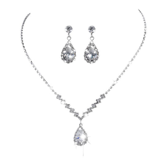 Full Rhinestone Zircon Water Drop Necklace Earrings Jewelry Set