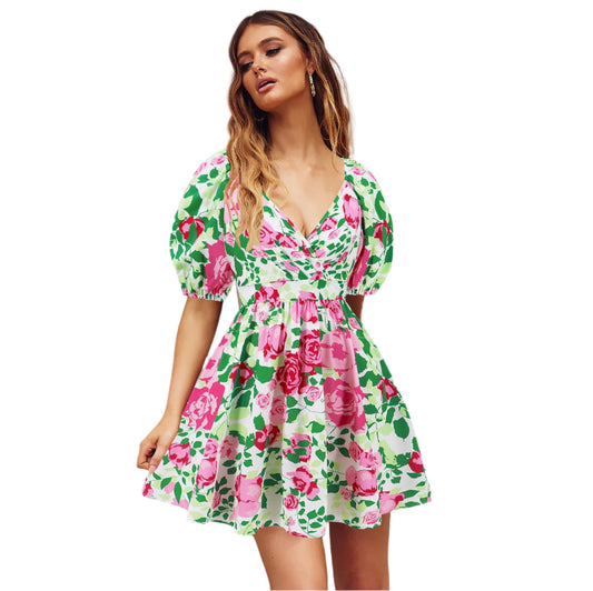 Flowers Print V-Neck Lantern-sleeve Dress Y2K Summer Vacation Beach Short Dresses Fashion Womens Clothing