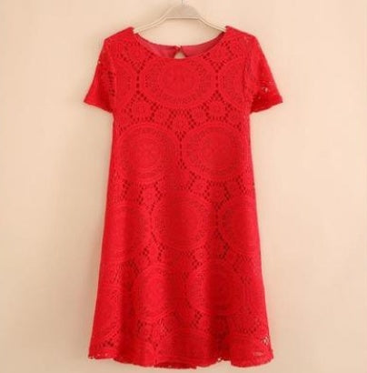 Summer Large Size Women's Dress, European And American Dress, Loose Short Sleeves, Hollowed Out Kaleidoscope Style, Lace, A Skirt.