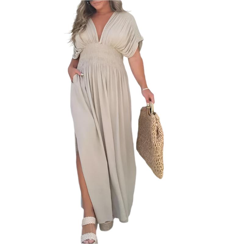 Fashion Bat-sleeved V-neck Slit Dress Summer Short Sleeve Elastic Waist Long Dresses Womens Clothing