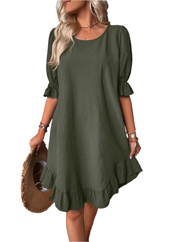 Fashion Ruffle Short-sleeved Dress Summer Solid Color Round Neck Loose Straight Dresses Womens Clothing