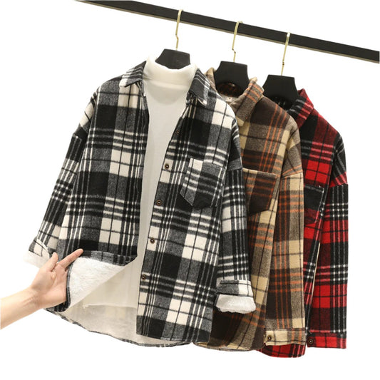 Japanese Woolen Cardigan Coat Fleece Plaid Shirt Women