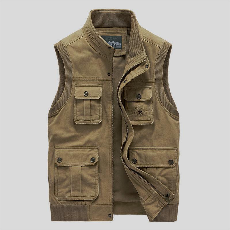 Men's Cotton Multi-pocket Vest Waistcoat Stand Collar Vest