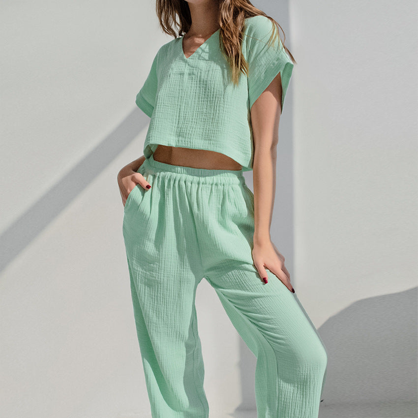 Women V-neck Trousers Cotton Linen Pajamas