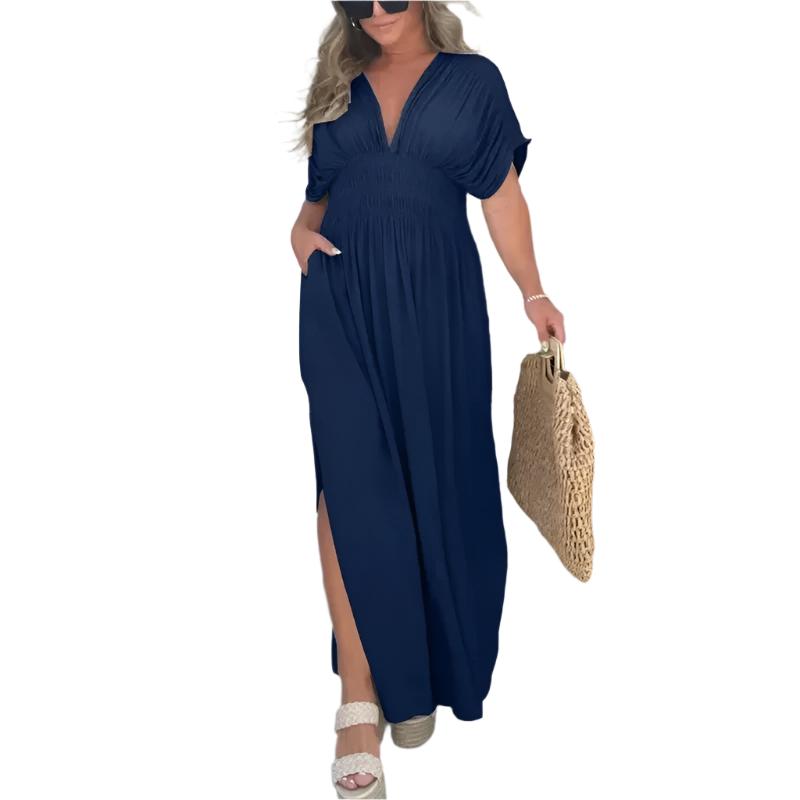 Fashion Bat-sleeved V-neck Slit Dress Summer Short Sleeve Elastic Waist Long Dresses Womens Clothing