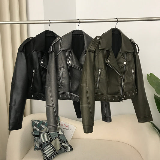 Women's Leather Worn Style Jacket Leather Coat