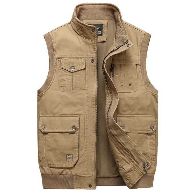 Men's Cotton Multi-pocket Vest Waistcoat Stand Collar Vest