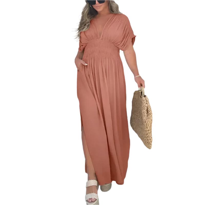 Fashion Bat-sleeved V-neck Slit Dress Summer Short Sleeve Elastic Waist Long Dresses Womens Clothing