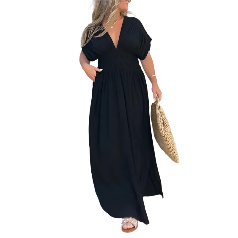 Fashion Bat-sleeved V-neck Slit Dress Summer Short Sleeve Elastic Waist Long Dresses Womens Clothing