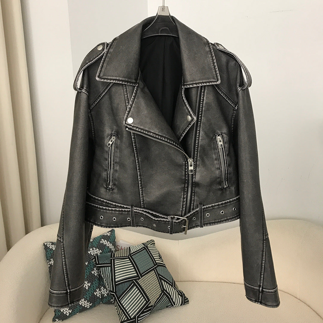 Women's Leather Worn Style Jacket Leather Coat