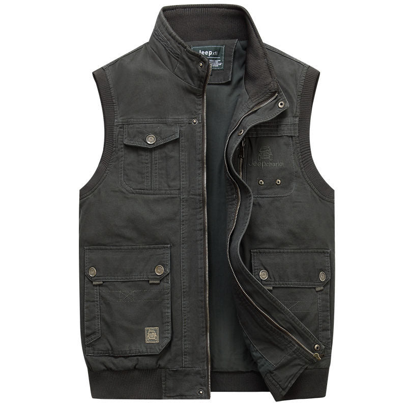 Men's Cotton Multi-pocket Vest Waistcoat Stand Collar Vest