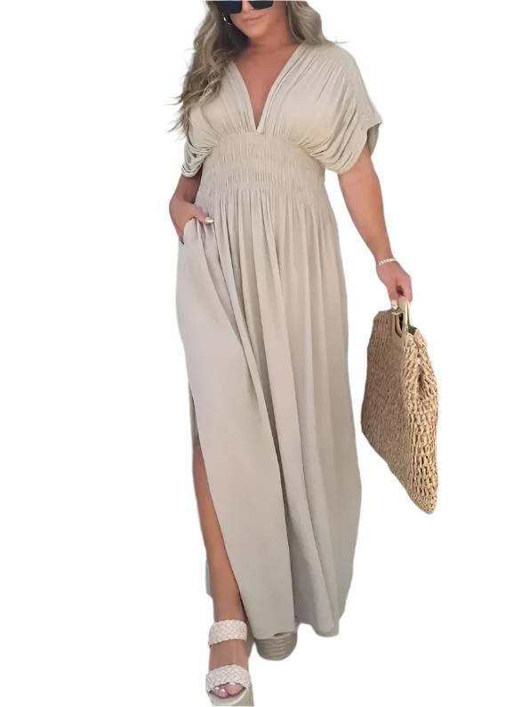 Fashion Bat-sleeved V-neck Slit Dress Summer Short Sleeve Elastic Waist Long Dresses Womens Clothing