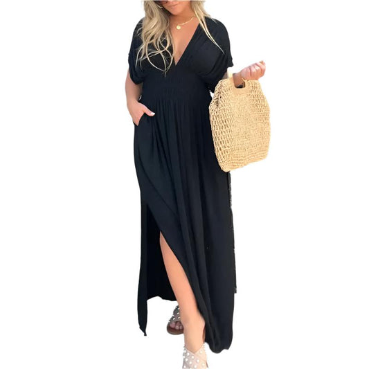 Fashion Bat-sleeved V-neck Slit Dress Summer Short Sleeve Elastic Waist Long Dresses Womens Clothing