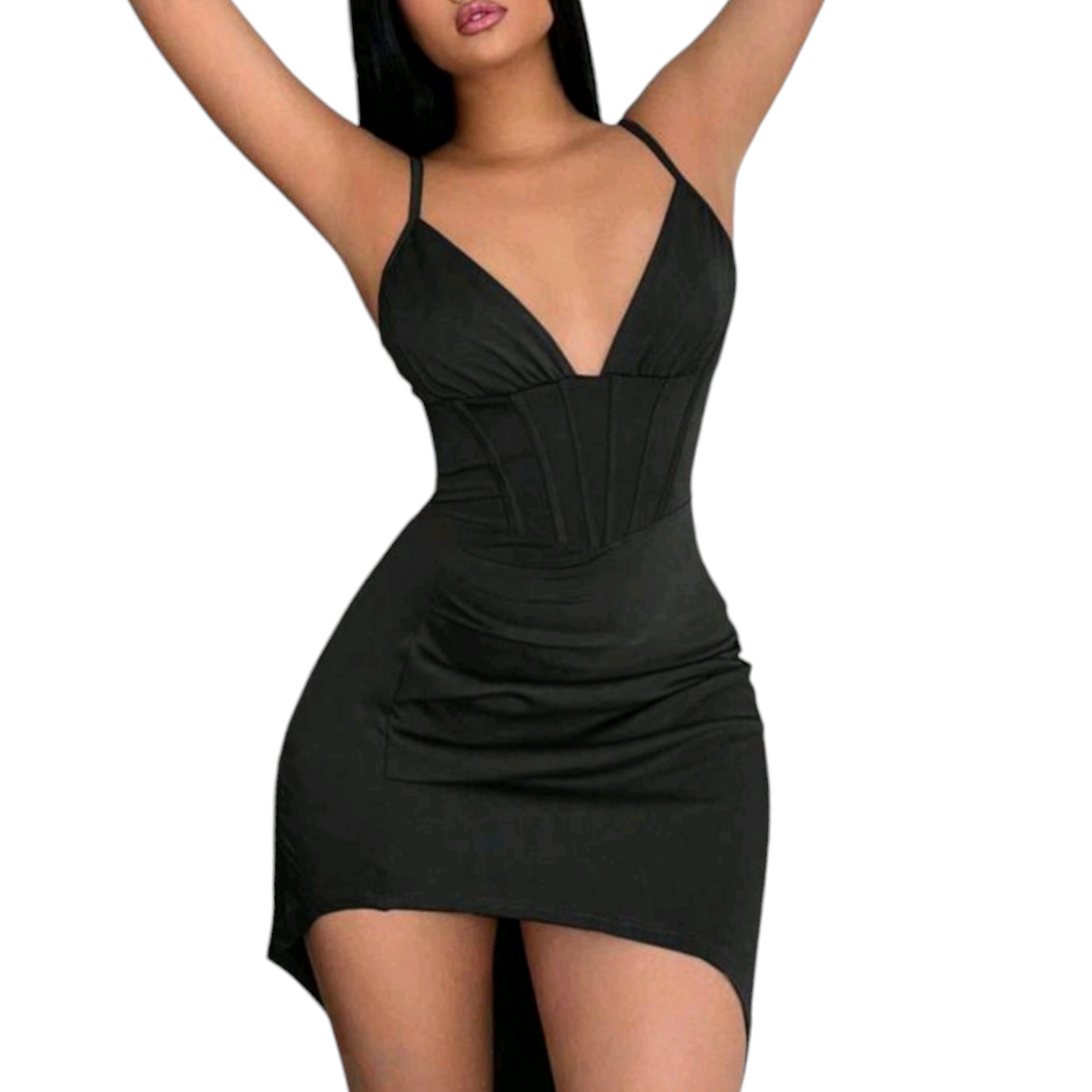 Elevate your style with this Foxxy cami dress, featuring a solid color, ruched details, and an asymmetrical hem