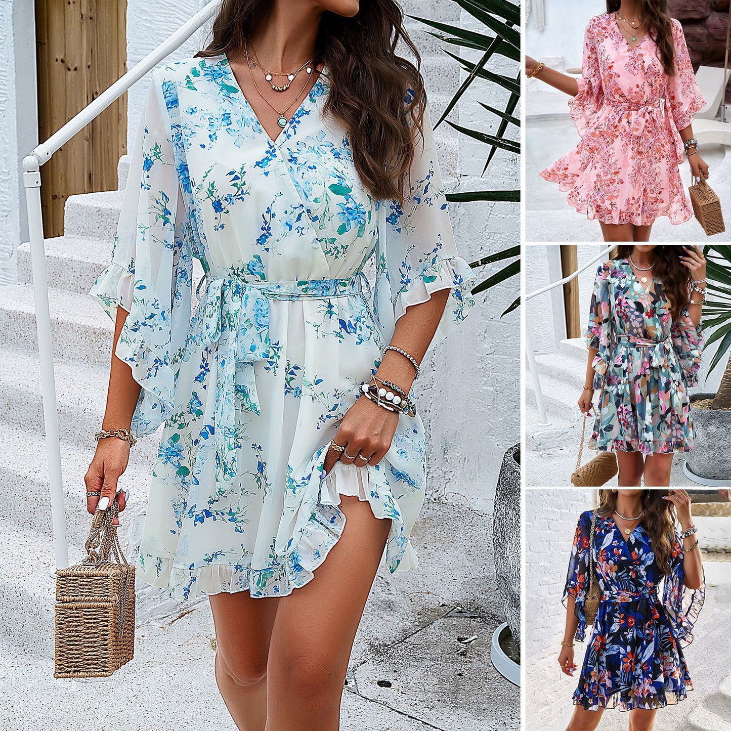 Summer Floral Print Fashion V-neck Short Dresses Women's