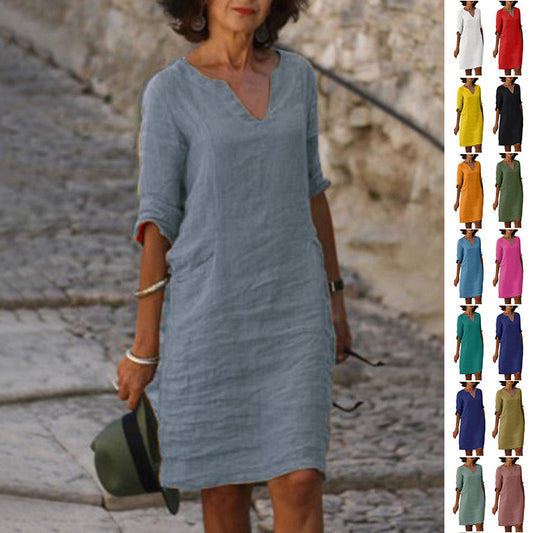 Cotton And Linen V-neck Dress Summer Stitching Retro High Waist Pure Color Dresses