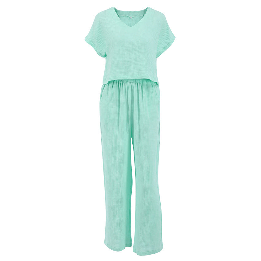 Women V-neck Trousers Cotton Linen Pajamas